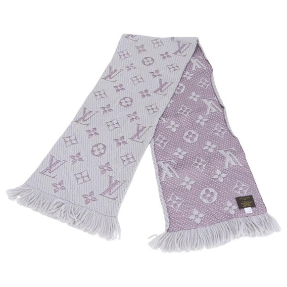 Louis Vuitton Logomania Scarf Silk Wool Monogram Grey Light Purple Pink - Picture 2 of 9